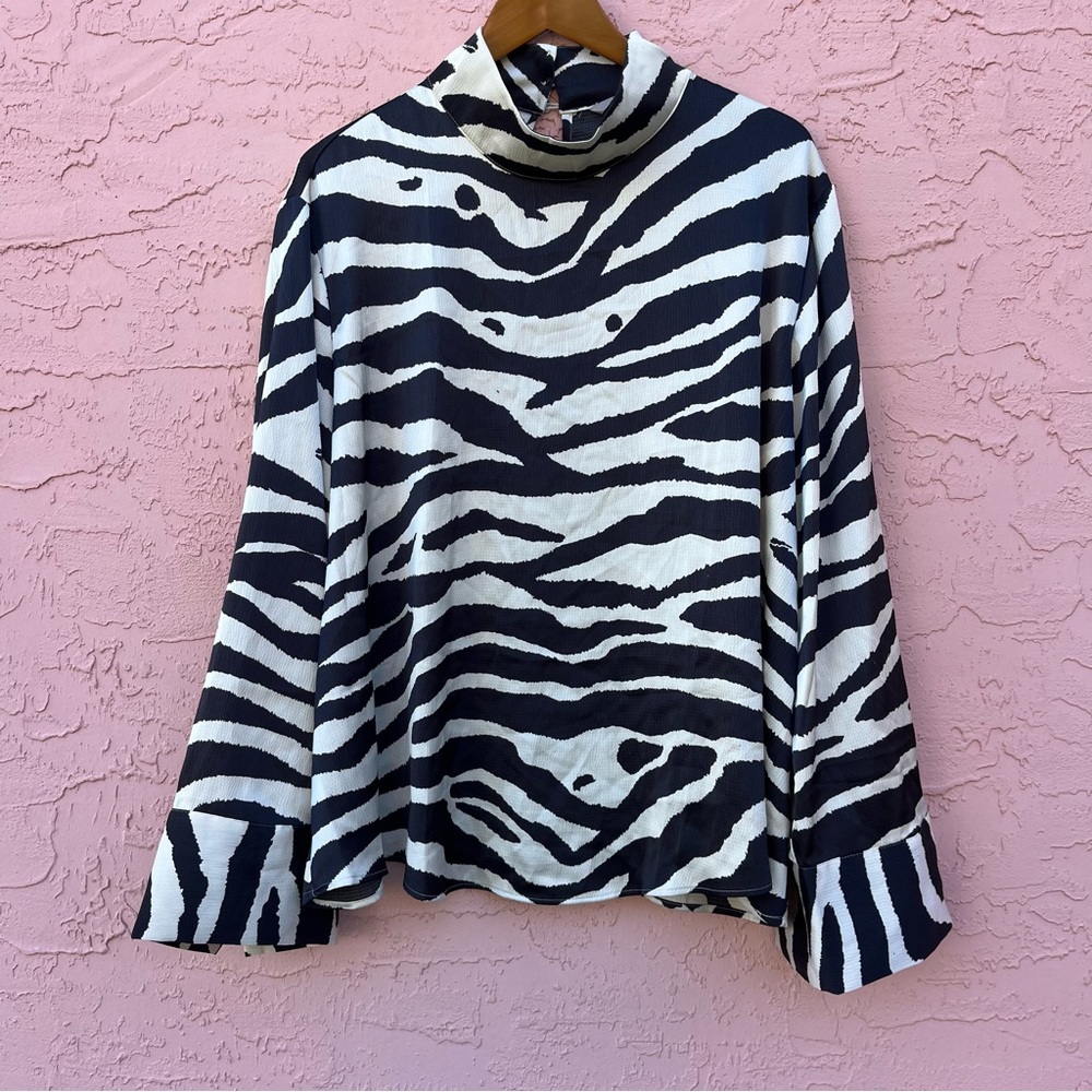 H&M Zebra Print High Neck Blouse Black Cream Size XXL